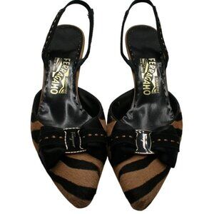 Salvatore Ferragamo Zebra Pony Hair Slingback Heels 9.5B Pointed Toe Black Brown